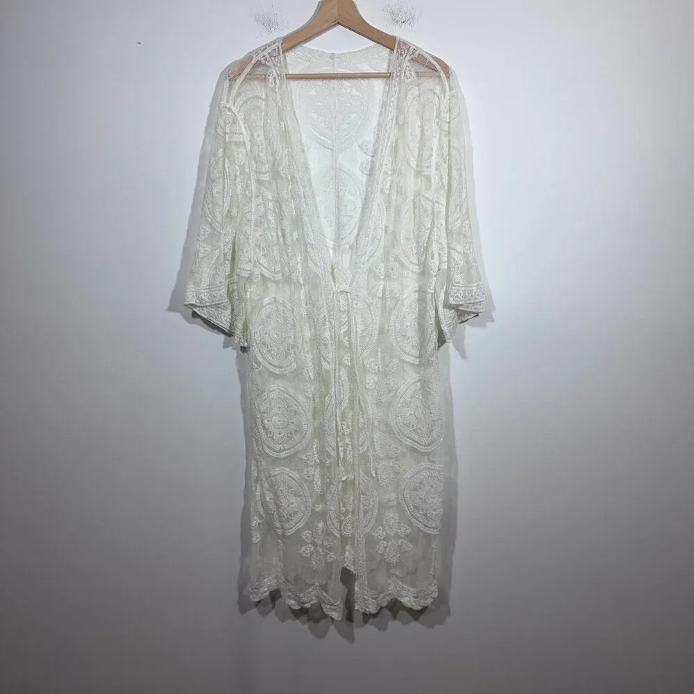 Womens White Lace Long Line Cardigan One Size Fairycore Boho Romantic - Picture 1 of 4
